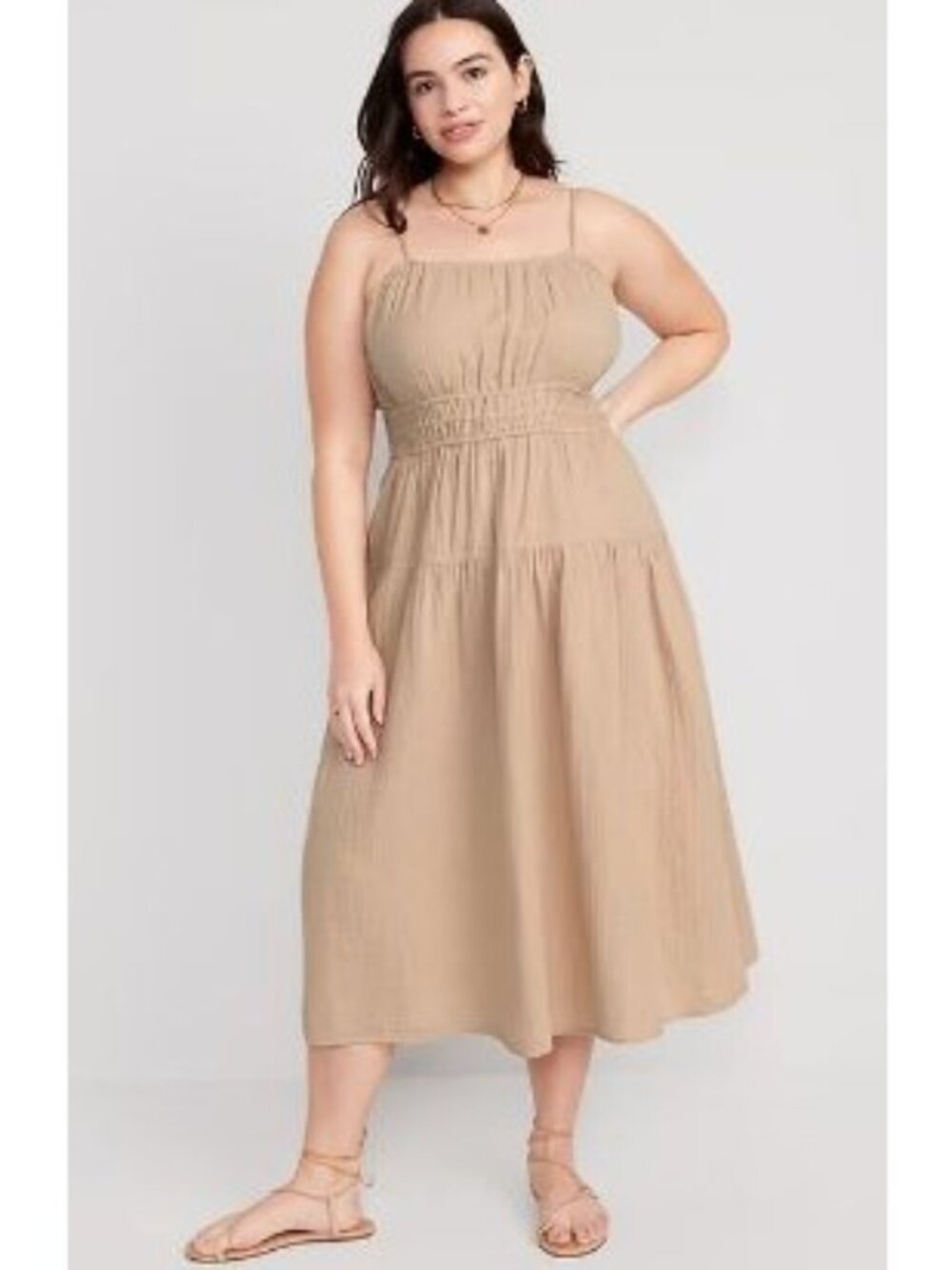 Old Navy Size XL Waist-Defined Smocked Tiered Midi Cami Dress Tan Pockets